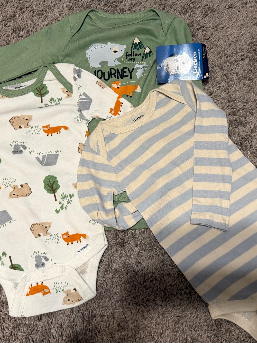 Gerber Green, Cream & Light Blue Woodland Bodysuits - 3-Pack